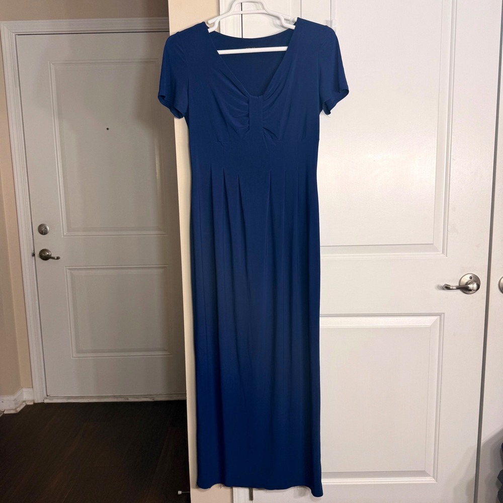 Metrostyle Blue Maxi Dress Empire Waist Pleated V-Neck Short Sleeve Gown Size S
